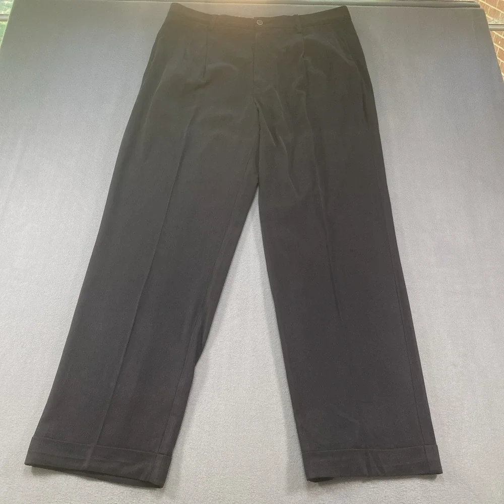 Tommy Bahama Mens Dress Pants Black Silk Blend Cuffed‎ Hem Pleated Front 35x32